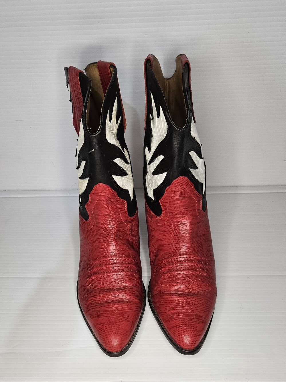 Rare Vintage Pecos Western Cowgirl Boots Red Black White Inlay Leather Rodeo S10